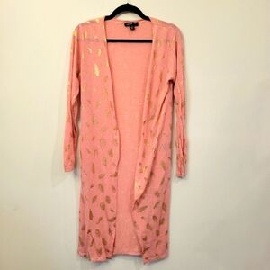 LOVE long pink thin open front duster with gold feathers size large